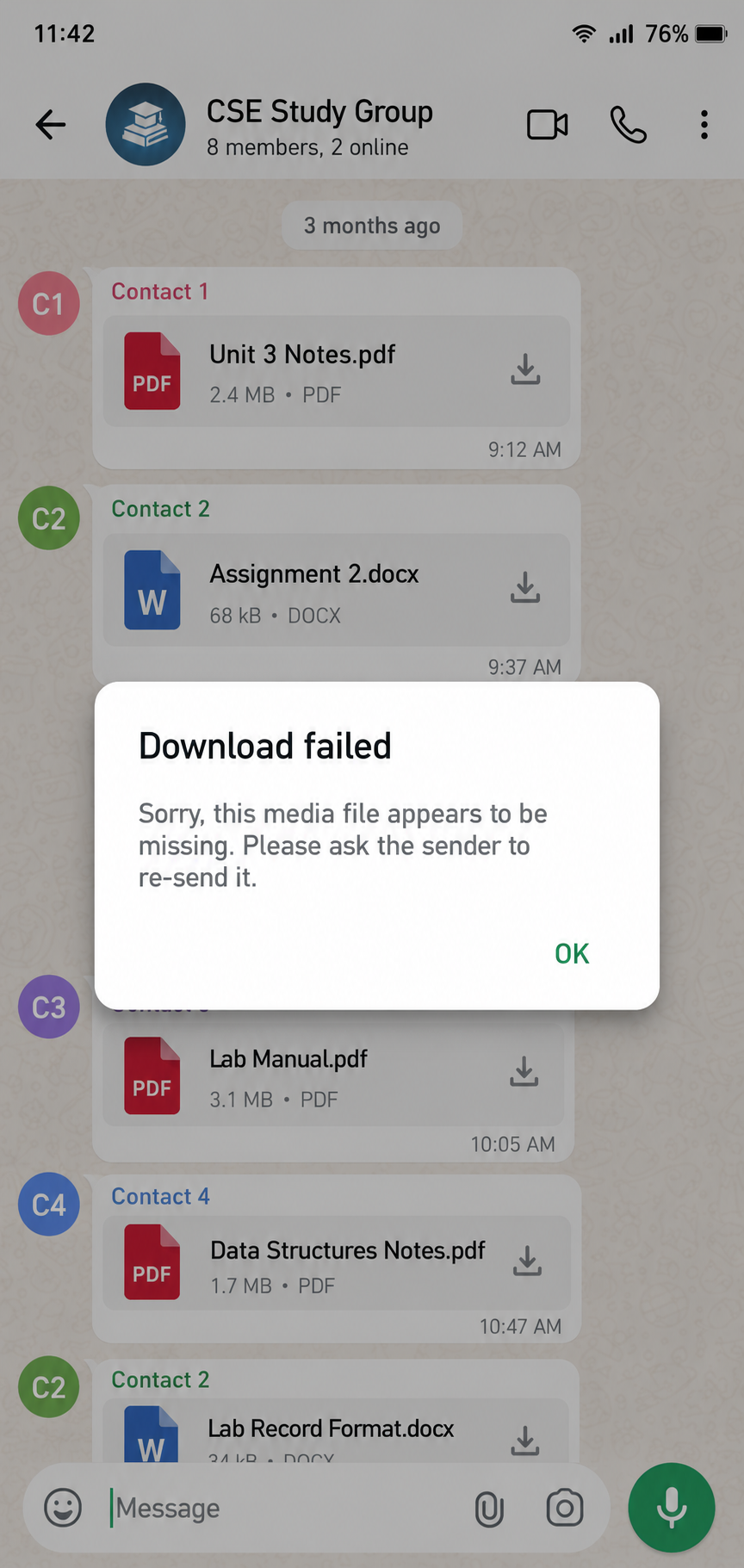 A group chat showing a 'Download failed' error on an old shared file